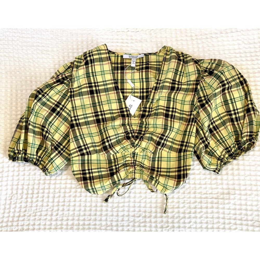 Derek Lam Womens Cropped Babydoll Top Puff Sleeve Milkmaid Yellow Plaid Sz 4 NWT